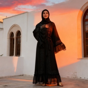 1963# New Smooth Nida Material Super Black Modest Breathable <b>MAXI</b> Chiffon Pleated Big Cuff Women Eid Abaya - Product Image 2