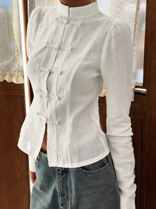 Nuova Camicia da Donna in Stile Cinese, Colletto alla Coreana con Bottoni a Rana, Manica Lunga in Lino, <span class=keywords><strong>Elegante</strong></span> <span class=keywords><strong>Top</strong></span> <span class=keywords><strong>Bianco</strong></span> Vintage per Uso Quotidiano - Product Image 1