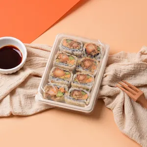 1.0 Umwelt freundliche Zuckerrohr-Lebensmittel behälter zum Mitnehmen Einweg-Bagasse-Sushi-Tabletts mit Deckel