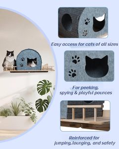 İç Mekan Kedileri İçin Keçe Yuvalı Yataklı, Duvara Monte Edilen Sağlam Ahşap Kedi Rafı - Product Image 3