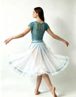 Robe de ballet Anna Shi turquoise à sequins, manches courtes, bordure en dentelle, jupe midi blanche, nœud en satin, costume de scène romantique