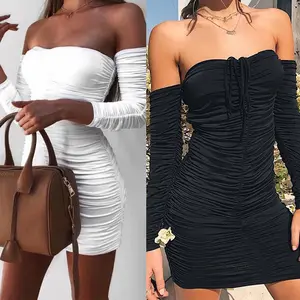 Vestidos plissados e irregularmente envolventes personalizados com gola de linha, vestidos sem alças, vestidos sexy para mulheres, atacado