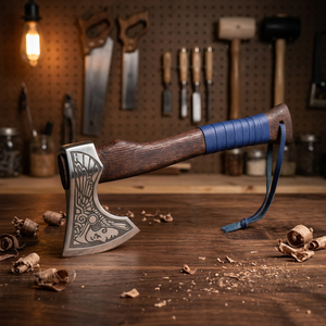 Hand forged steel tomahawk Custom engraved blade design Survival hatchet with wood <b>handle</b> Blue wrap outdoor <b>axe</b> - Product Image 1