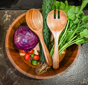 Juego de ensaladeras de madera de acacia de <span class=keywords><strong>12</strong></span> pulgadas, tazón grande para mezclar ensaladas de 3 piezas con servidores para el hogar, cocina, preparación de ensaladas, comedor - Product Image 3