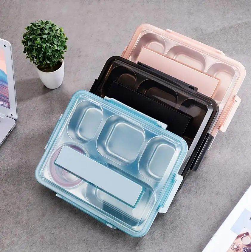 Modern style plastic food storage container stainless steel bento lunch box with cutlery for student and office