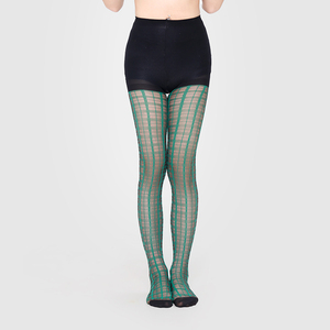 Collants pour femmes imprimés à motif grille verte, semi-transparents, <span class=keywords><strong>taille</strong></span> <span class=keywords><strong>haute</strong></span>, tendance - Product Image 5