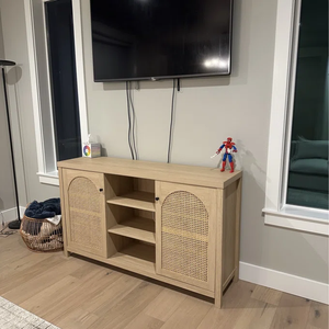 <span class=keywords><strong>Buffet</strong></span> d'entrée en rotin arqué style bohème avec étagères réglables pour salon, salle à manger et entrée. - Product Image 5