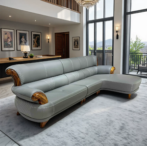 Customizable European Design Genuine Leather L-Shaped Sectional <b>Sofa</b> Set Wood <b>Legs</b> Curved Arms-Comfortable Furniture Set - Product Image 1