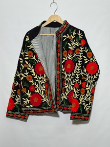 <b>Women</b>’s Black Floral Embroidered <b>Jacket</b> | Handmade Indian Ethnic Boho <b>Jacket</b> | Colorful Thread Embroidery Open Front <b>Jacket</b> - Product Image 2