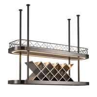 Étagère à vin ovale en acier inoxydable à double niveau avec éclairage LED, support mural pour bar, étagère à vin en bois pour la décoration du hall d'hôtel