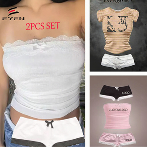 ชุดเซ็ตสองชิ้นสำหรับผู้หญิงสไตล์ Y2K สำหรับฤดูร้อน เสื้อครอปท็อปแบบไร้สายประดับลูกไม้และกางเกงขาสั้นจีบผูกโบว์แบบริบ ขายส่ง - Product Image 3