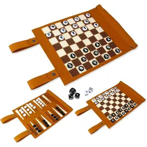 Juego de backgammon de viaje de microfibra real ligero portátil, juegos de mesa de ajedrez plegables
