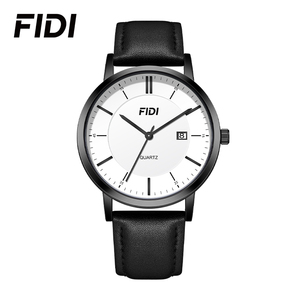Reloj de cuarzo FIDI para hombre y mujer, diseño clásico minimalista con indicador de fecha, correa de cuero disponible en negro y oro rosa - Product Image 6