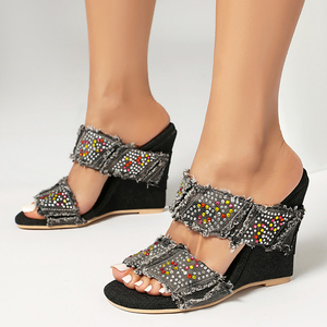 Sandales compensées en jean à bout ouvert pour femmes, grande taille 46, avec strass colorés, chaussures à talon haut et coupe large - Product Image 2