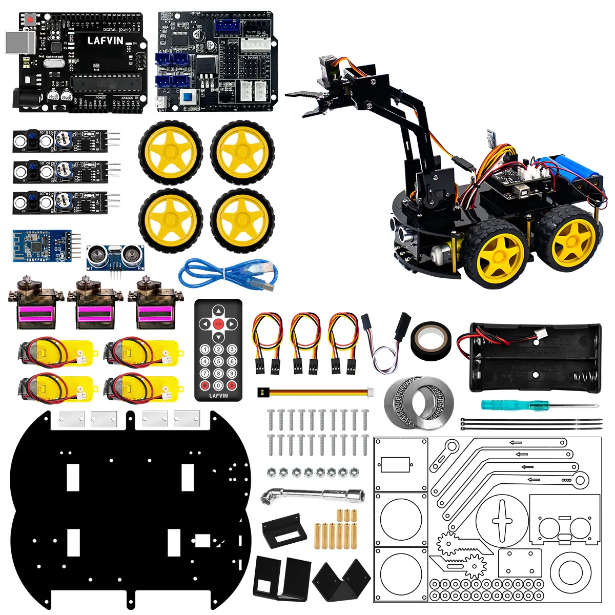 LAFVINDIYプログラミング4DOFメカニカルロボットアーム4WDカーラーニングキット (学生用Arduinoロボットキット用)