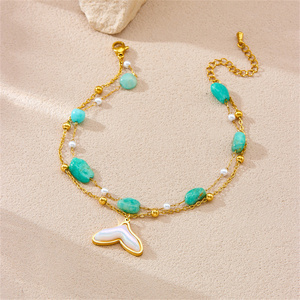 Chaîne de cheville en acier inoxydable avec queue de sirène, perles de turquoise naturelle et perles d'eau douce de 4-6 mm, double couche, personnalisable OEM, vente en gros - Product Image 4