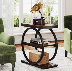 Mesa Auxiliar Moderna de Madera Maciza con Base de Pedestal, 3 Estantes de Almacenamiento, Diseño Estrecho, Marco de Metal Negro, Ecológica, para Sala de Estar o Dormitorio - Product Image 6