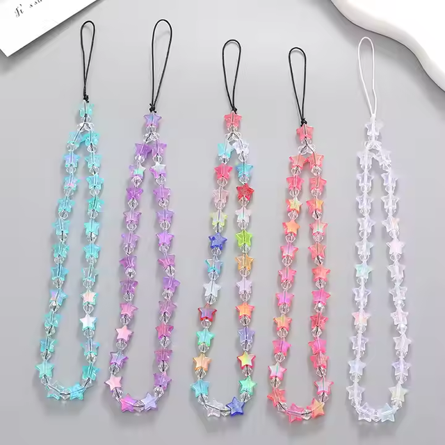 Korean Y2k Star Beaded Phone Charms Rope Anti-theft Cell Phone Wrist Strap Aesthetic Chain Wristlet Camera Keys Bags Keychains