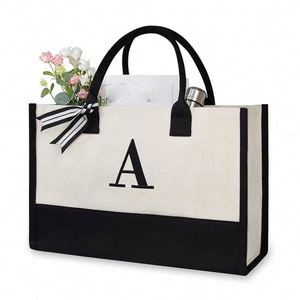 Personalized Shopping Beach Bridesmaid Gift Embroidered <b>Initial</b> Carry-On Canvas <b>Bags</b> With Custom Printed Logo - Product Image 1