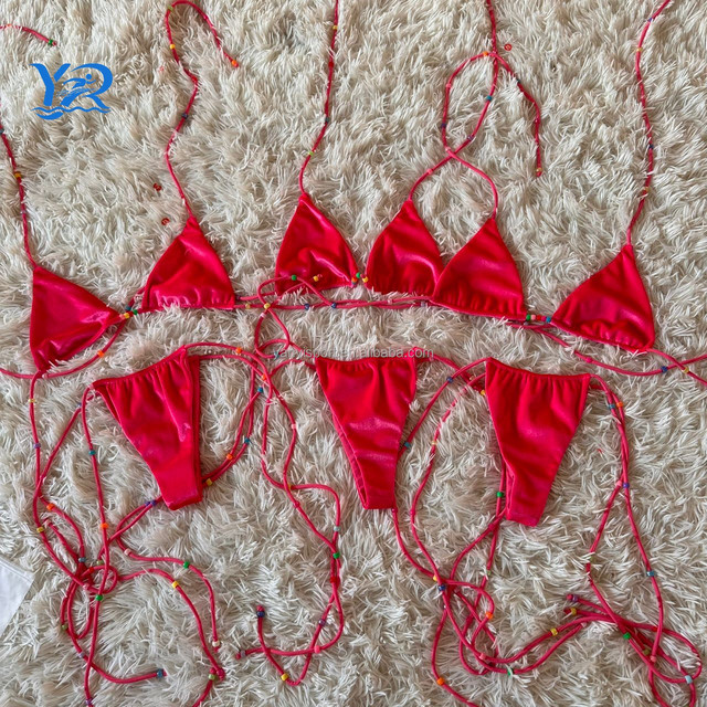 2025 Velvet Bikini Custom Factory Design Beachwear Beads Bikinis Sexy Draw String Bikini Swimwear