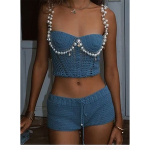 ZHEZHE 2025 moda estiva da <span class=keywords><strong>donna</strong></span> 2 pezzi Set senza maniche canotta con cinturino di perle e gonna corta in maglia da spiaggia da <span class=keywords><strong>donna</strong></span> <span class=keywords><strong>Boutique</strong></span> - Product Image 3