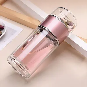 Popular Valentines Day Gift 2024 Product Custom Logo Double Wall Glass Water Bottle With Tea Infuser Water Separation Tea Bottle
