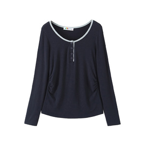 Happy Plus Solid Color Long Sleeve T-Shirt Navy Blue Gray Medium Thickness With Label Plus Size Women's Top - Product Image 5