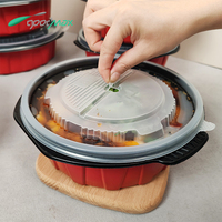 Recipiente de comida para llevar personalizado, cuenco de plástico PP de fondo redondo rojo calentable por microondas desechable con tapa