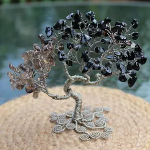 Lebensbaum Schneeflocke Obsidian und Rauchquarz Kristall Tisch Ornament Hand geschnitzte Figur Solar Baum Kunst Dekoration Geschenke