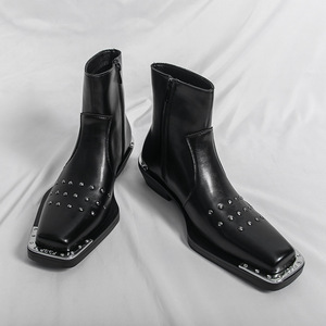 Trendy Square Toe High Heel Ankle <b>Boots</b> for Men <b>Spring</b> & Autumn High Top Metal Toe Zipper Casual Party Short <b>Boots</b> - Product Image 1