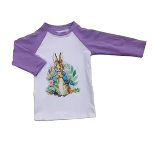 All'ingrosso camicia a manica lunga con stampa coniglietta per bambini bambini Easter Raglan camicie Top per bambini con volant di coniglio t-Shirt