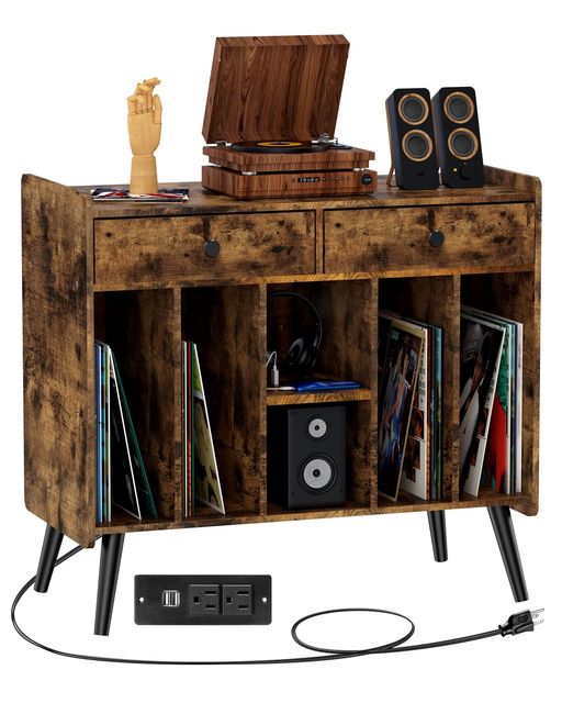 Record Player Stand With Power Outlets and LED Lights, Vinyl Record Storage Table Turntable Stand Holds up