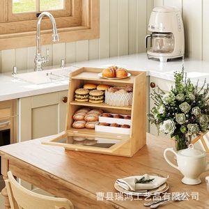 Boîte à pain en bambou avec tiroir et porte en acrylique, conteneur de rangement pour comptoir de cuisine, pour collations, cosmétiques, documents - Product Image 4