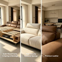 Sofa-Set aus Vollnarbenleder Dreisitzer mit Breiter Chaiselongue Übergroße Kissen Armlehne Neuer Chinesischer Stil Wohnzimmer