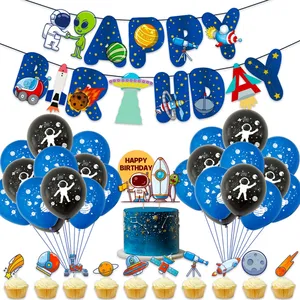 Blue Outer Space Party Decor Set Astronaut Theme Birthday Party Supplies Birthday Banner Latex Balloon Cake Topper for Boy KK988