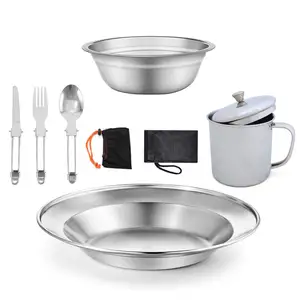 7pcs Stainless Steel Portable Outdoor Camping Bowl Picnic Tableware with Lid Camping Cooking Set Kit With Pot Kettle