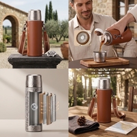 Gobelet isotherme sous vide 600 ml avec revêtement en titane pur, maintien de la chaleur 24h, texture martelée, étui de transport en cuir, logo personnalisé, vente en gros