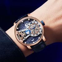 Montre-bracelet automatique mécanique pour homme en or rose, cadran squelette ciel étoilé, phases de lune et de la Terre, montre de luxe pour homme
