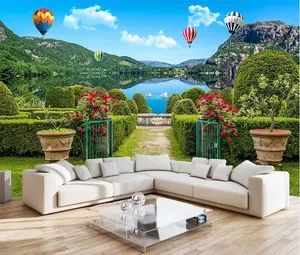 花园绿道织物壁纸大湖壁纸设计卧室热气球3d壁画