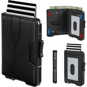 Carteira Minimalista de Couro Genuíno para Homens, Luxuosa e Slim, Porta-Cartões com Bloqueio RFID e Design de Múltiplos Compartimentos, Carteira POP-up - Product Image 1