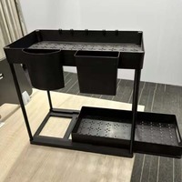 Étagère de rangement pliable moderne à 2 niveaux sous l'évier avec crochets et porte-gobelet suspendu pour cuisine et salle de bain