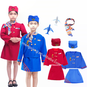 Azafata de avión roja y azul con sombrero, bufandas, juguete para <span class=keywords><strong>niña</strong></span>, Cosplay, azafata, avión, juego de ropa de trabajo de carrera - Product Image 1
