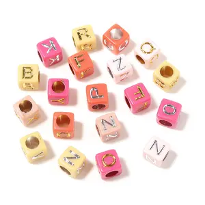 100pcs/bag Acrylic Candy Color Gold Sliver Plated Square Letter Alphabet Beads For DIY Jewelry Making Accessories