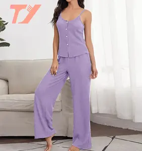 TUOYI Pajama set Waffle halter tops long pants slim halter vest wide leg trousers home suit sleepwear for women