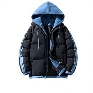 Chaqueta con capucha para hombre, con cuello alto recubierto, logo frontal, bloques de color, cremallera, ajuste holgado informal de invierno, acolchado de poliéster - Product Image 1