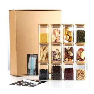 12 Piece Set 300ml vuông cao Borosilicate thủy tinh thực phẩm gia vị cà phê lưu trữ Jar container Set với tre có nắp đậy