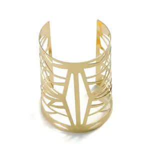 Women Fashion Exaggerated Metal Opening Geometric Bangle Gold Plated Hollow Wide Bracelet