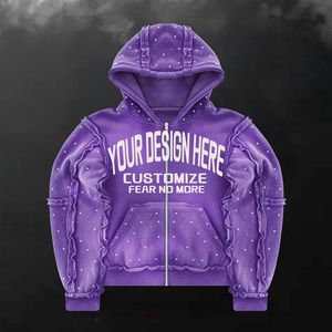 Sweat à capuche zippé en coton épais 100 % écologique pour homme, style streetwear oversize en molleton bouclette avec strass et patchwork, coupe carrée, OEM - Product Image 1