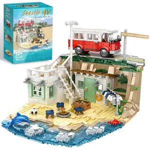 Assemble 5 in 1 coast beach holiday house and car scenes land child building block brick toy set