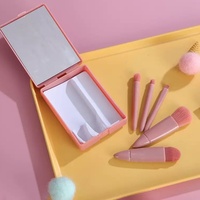 5pcs Set Kuas Makeup Wajah & Mata Mini Pink Portabel dengan Bulu Sintetis Lembut, Gagang Plastik, dan Kotak Cermin untuk Perjalanan